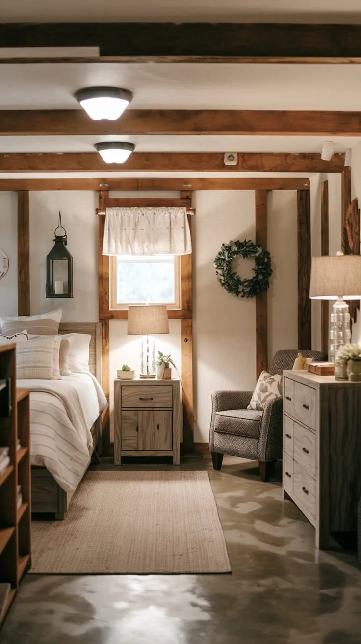 Rustic Basement Guest Bedroom with Cozy Charm