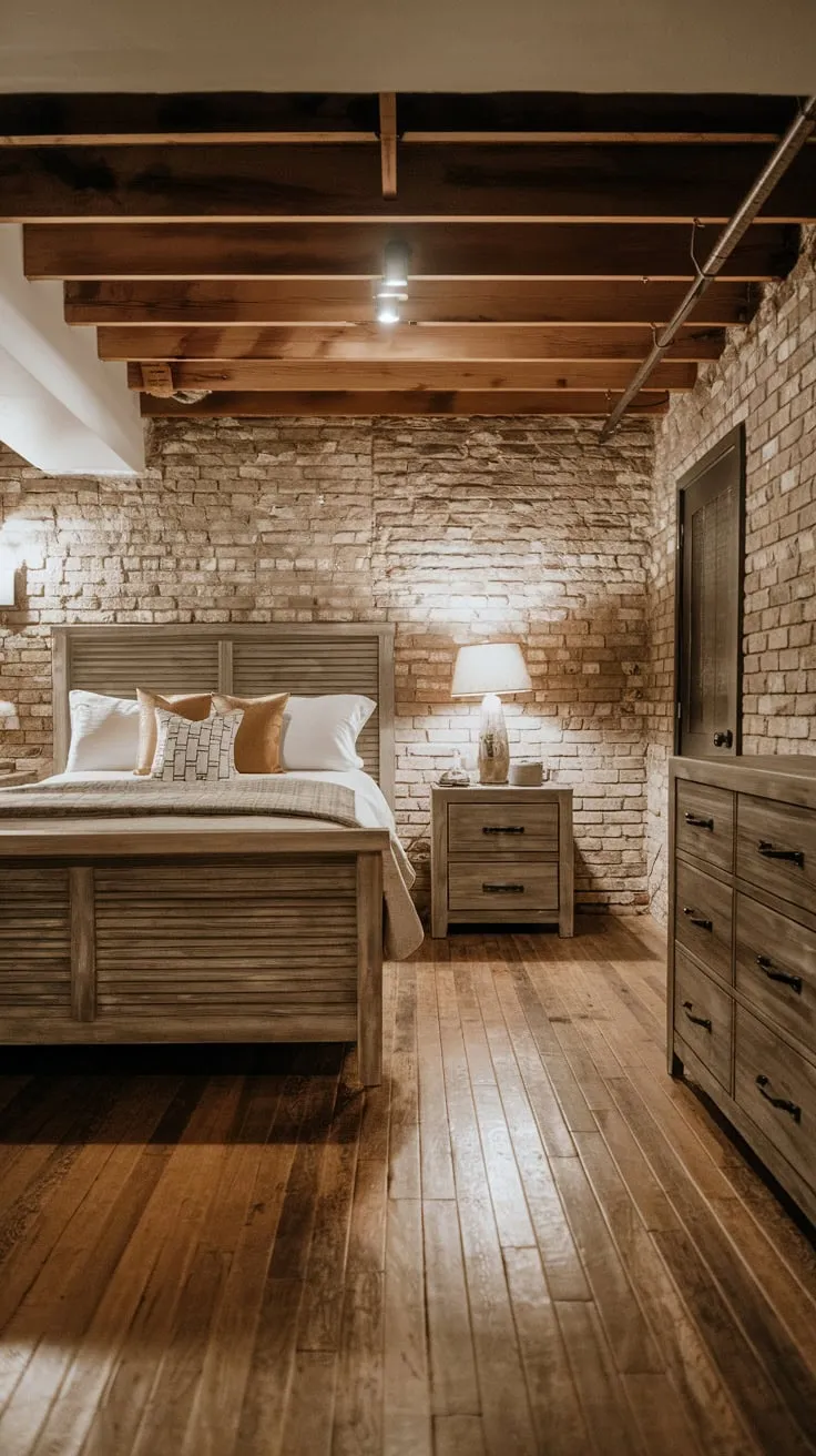 Cozy Rustic Basement Guest Bedroom with Warm Ambiance