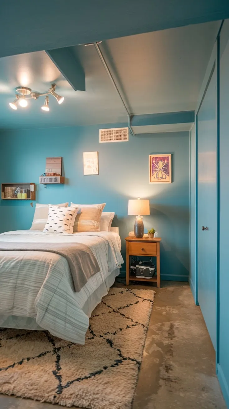 Cozy Basement Guest Bedroom with Blue Accents