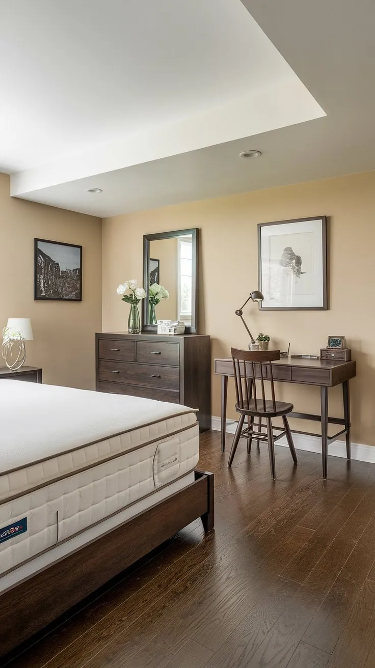 Escape the hustle and bustle in this tranquil basement guest suite.  This basement visitor room boasts a queen-size bed, a convenient desk, and a dresser with mirror, making it the ideal basement lodging or basement guest space.  Enjoy a peaceful night's rest in this charming basement retreat.