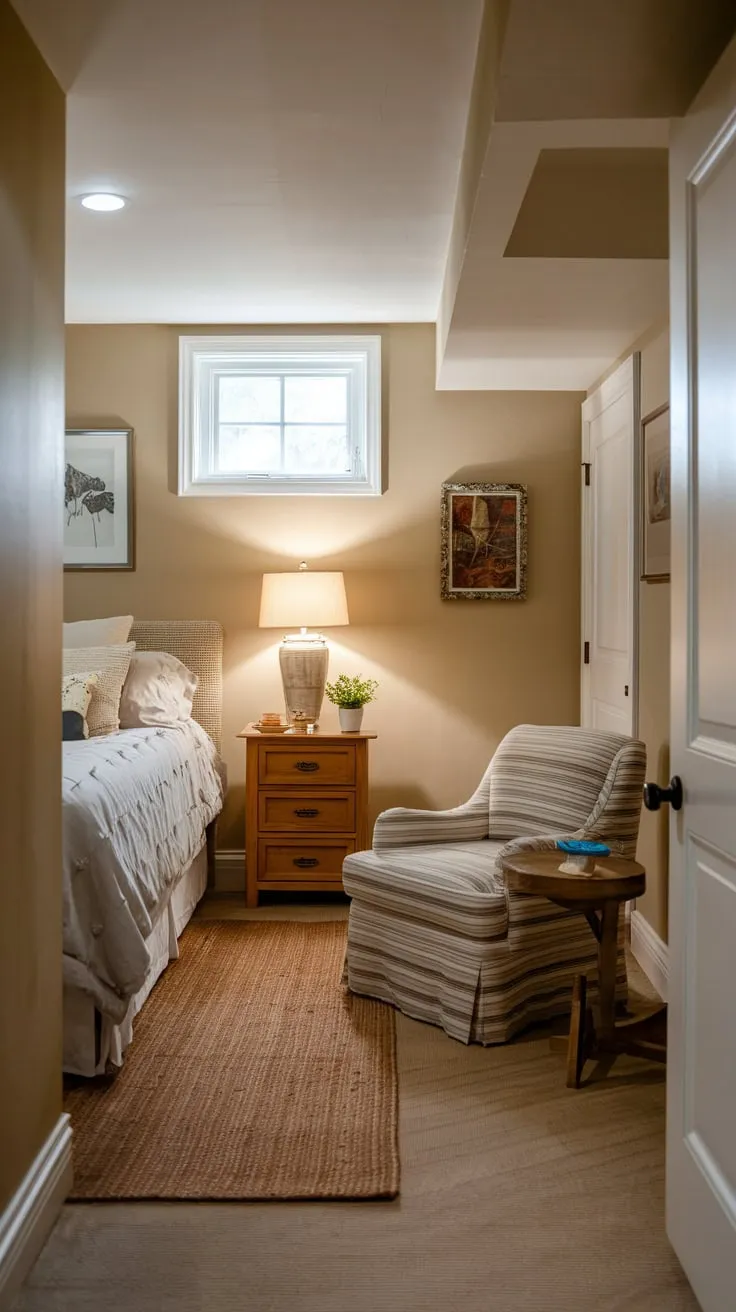 Cozy Basement Guest Bedroom with Warm Beige Decor
