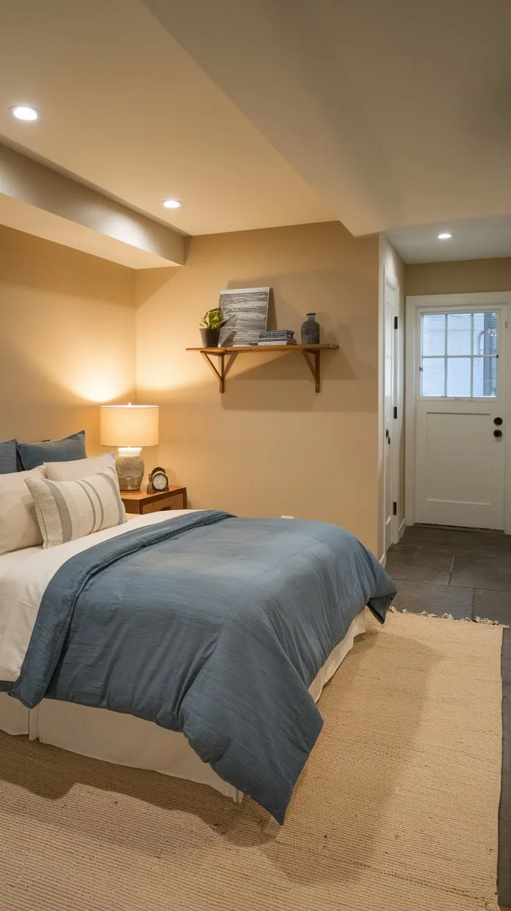 Cozy Basement Guest Bedroom with Warm Lighting Decor