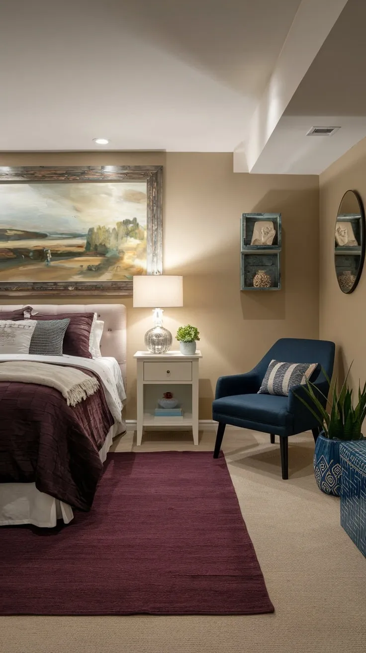 Cozy Basement Guest Bedroom with Elegant Purple Accents