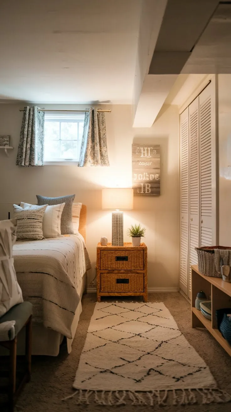Cozy Basement Guest Bedroom with Warm Inviting Decor