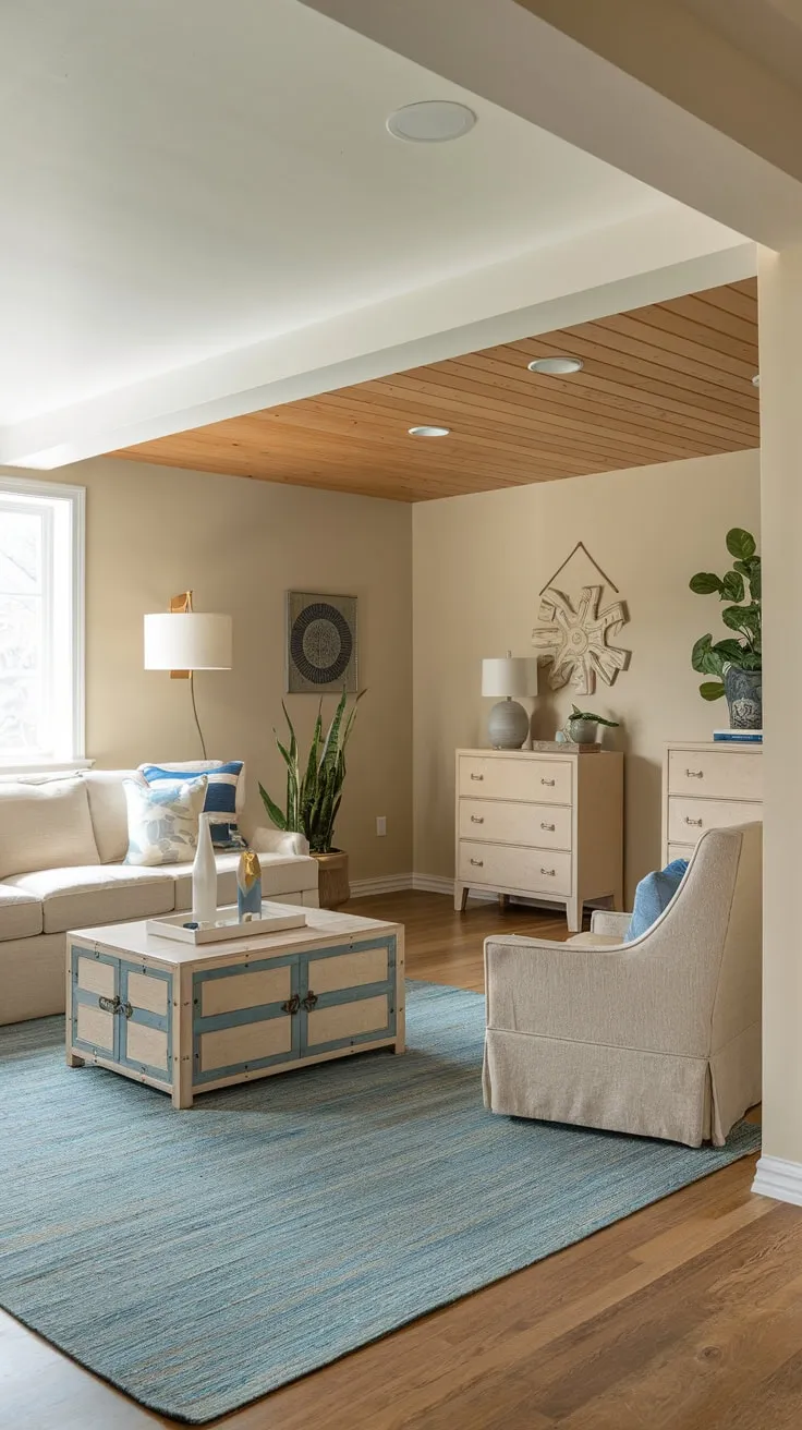 Cozy Basement Guest Bedroom with Soft Blue Accents