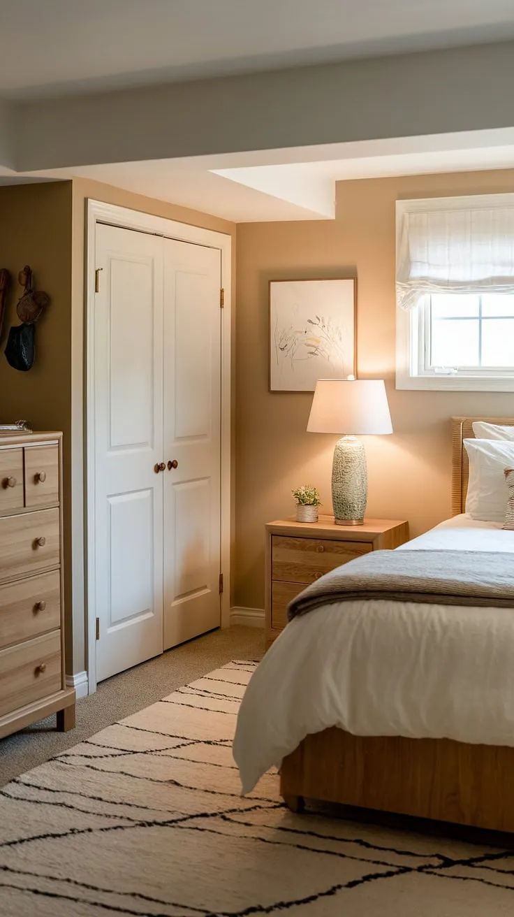 Escape the hustle and bustle in this inviting basement guest space.  This basement visitor room, thoughtfully designed as a basement bedroom, features a comfortable double bed and convenient closet and dresser.  Offering a peaceful basement lodging experience, it's the ideal basement retreat for your guests.