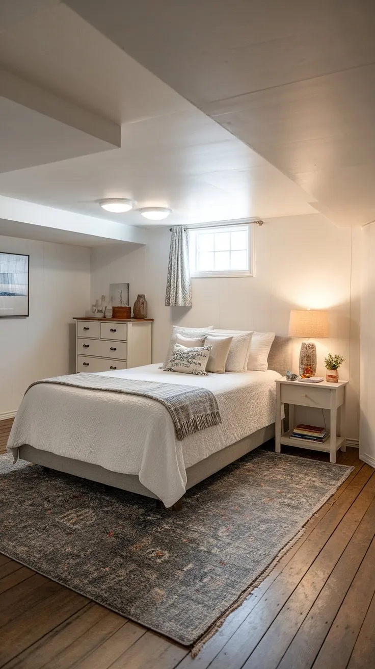 Cozy and inviting, this basement guest bedroom offers a peaceful retreat for visitors.  The comfortable queen-size bed, ample storage, and warm lighting create a welcoming basement guest suite, perfect for a relaxing basement lodging experience.