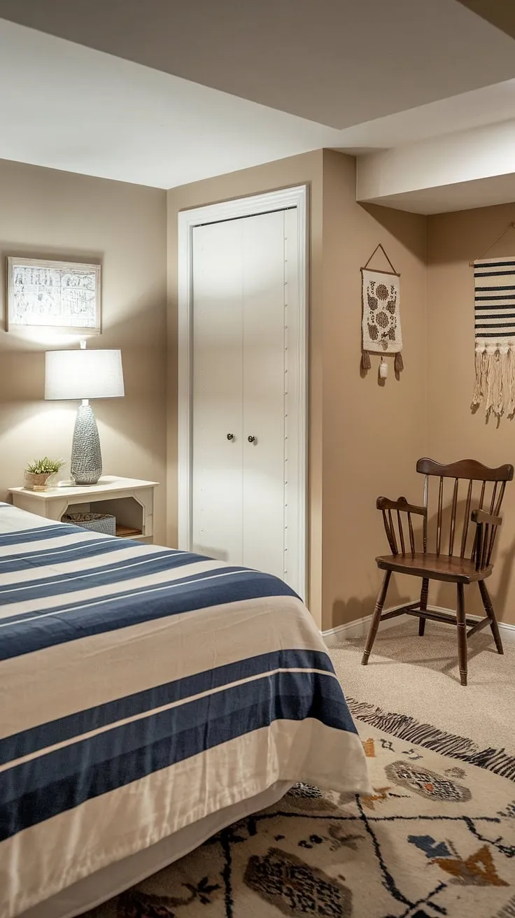 Cozy and inviting, this basement guest bedroom offers a comfortable retreat for visitors.  Complete with a queen-size bed, ample storage, and a peaceful atmosphere, this basement accommodation provides a private and relaxing basement guest space.  It's the perfect basement lodging for overnight guests, transforming your basement sleeping area into a welcoming basement visitor room or even a charming basement guest suite.