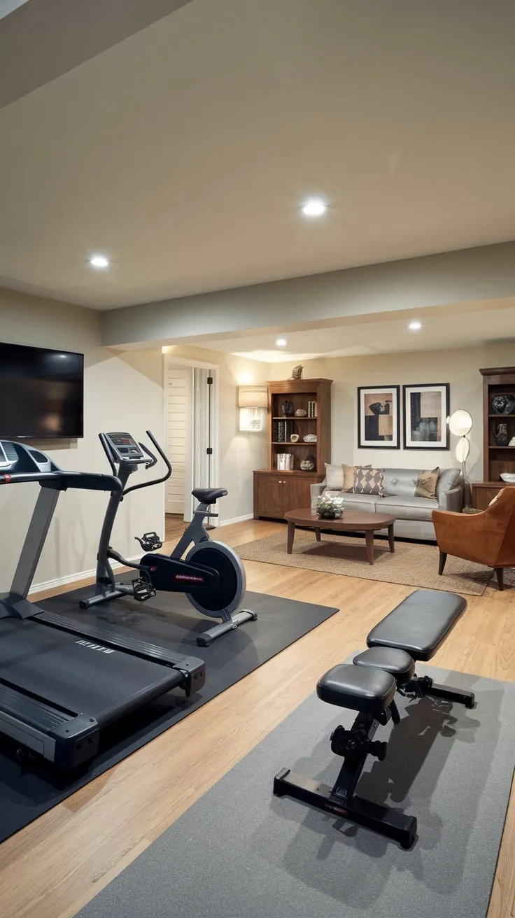 Stylish Basement Gym and Cozy Family Room Design