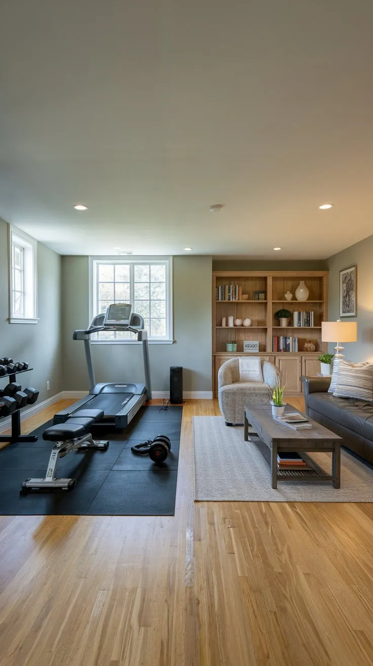 Stylish Basement Gym and Cozy Family Room Design