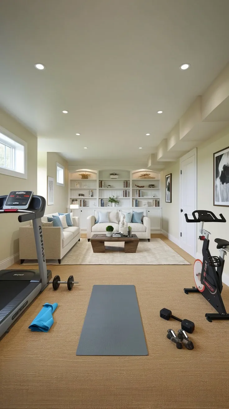 Stylish Basement Gym and Cozy Family Room Design