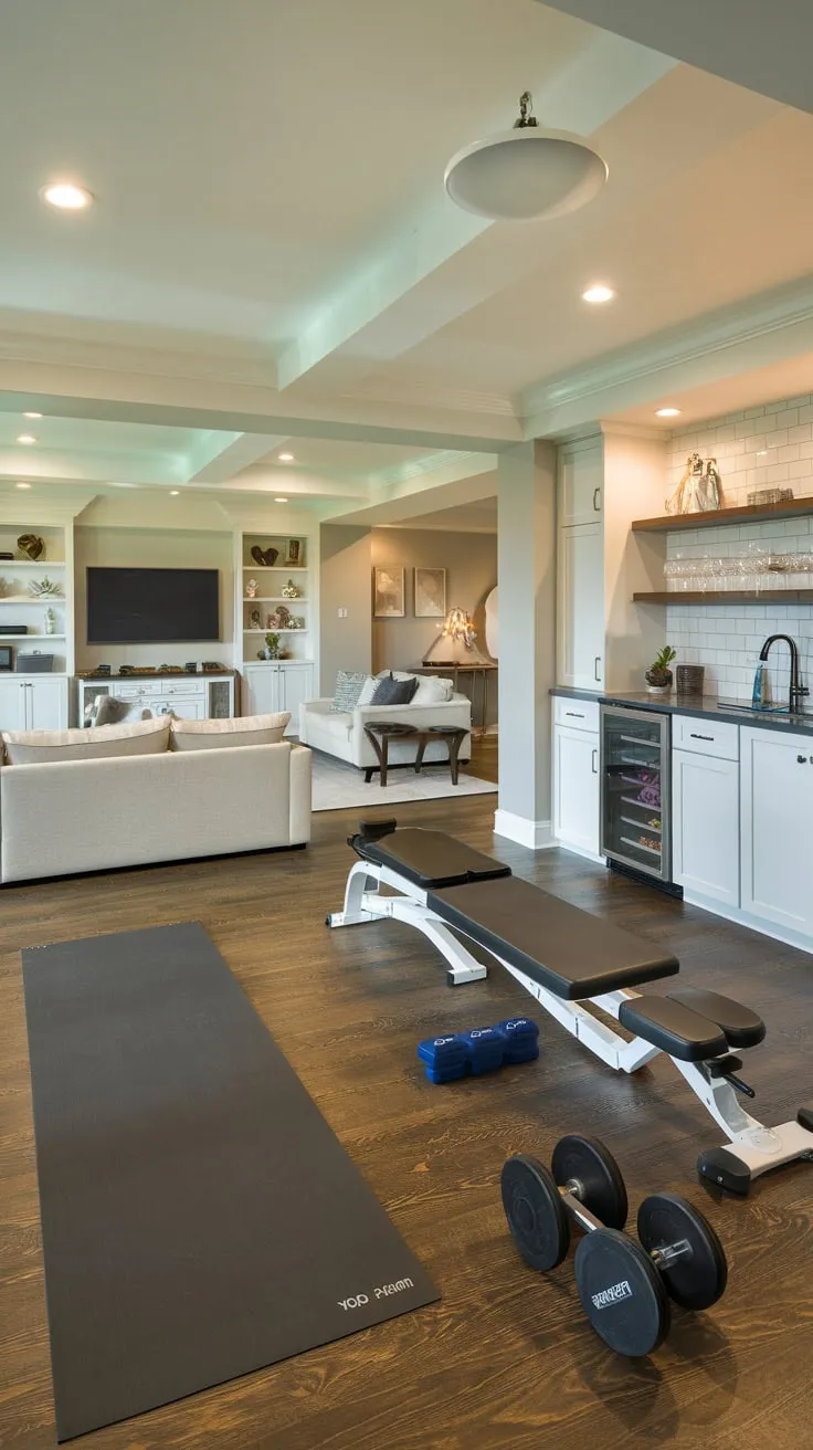 Stylish Basement Gym and Family Room Combination Design