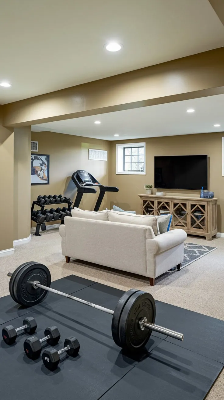 Versatile Basement Gym and Cozy Family Room Setup