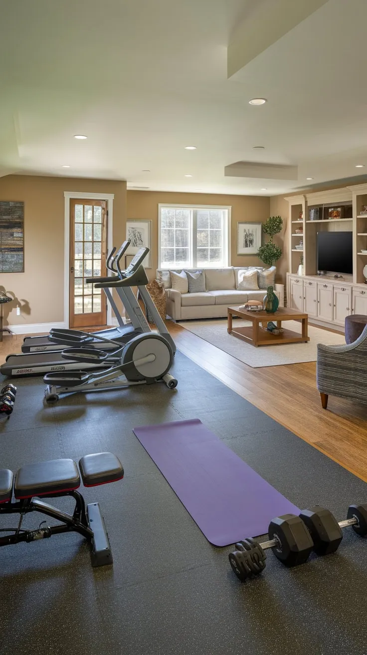 Stylish Basement Gym and Family Room Combination Design