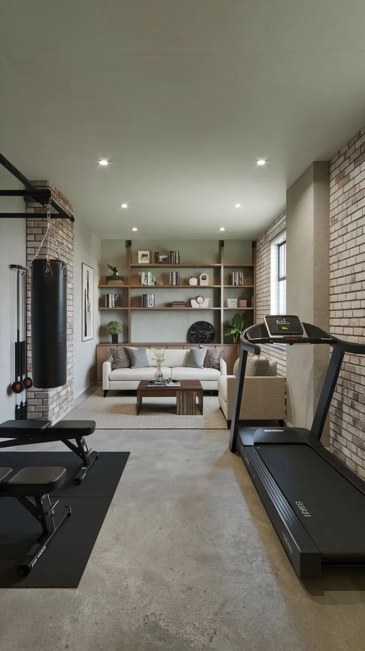 Stylish Basement Gym and Family Room Combination Design