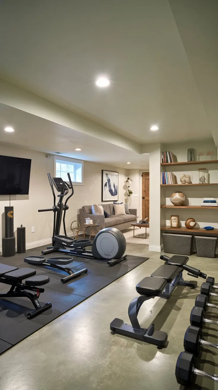 Stylish Basement Gym and Family Room Combination Design