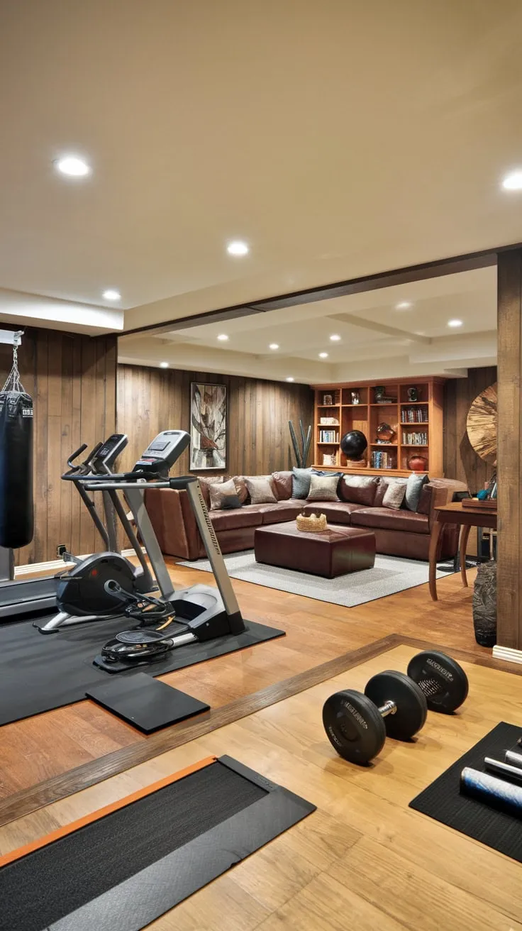 Stylish Basement Gym and Cozy Family Room Design
