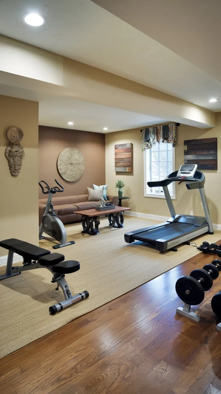 Stylish Basement Gym and Cozy Family Room Design