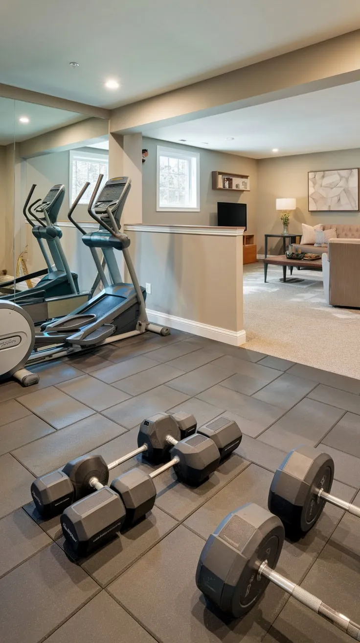 Stylish Basement Gym and Cozy Family Room Design