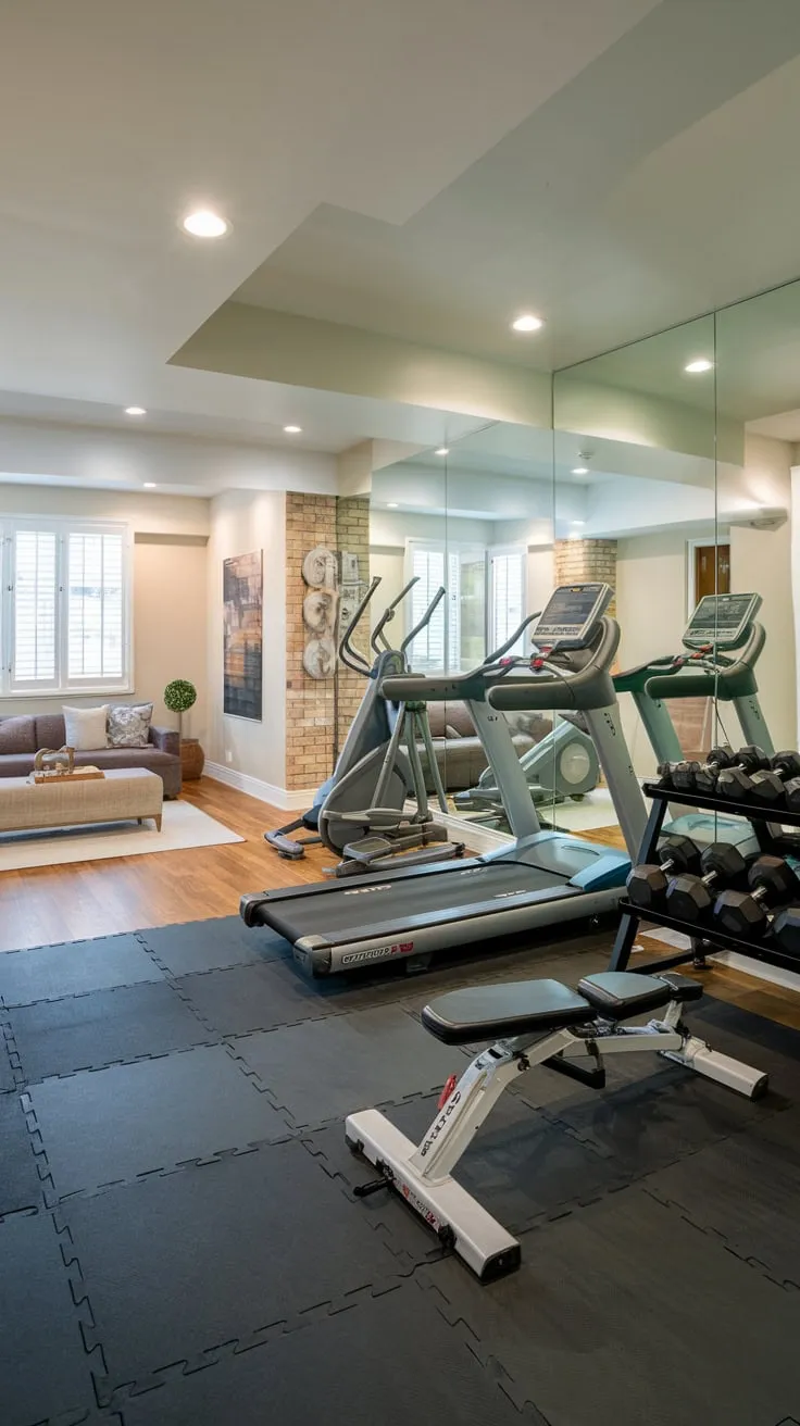 Stylish Basement Gym and Family Room Combination Design