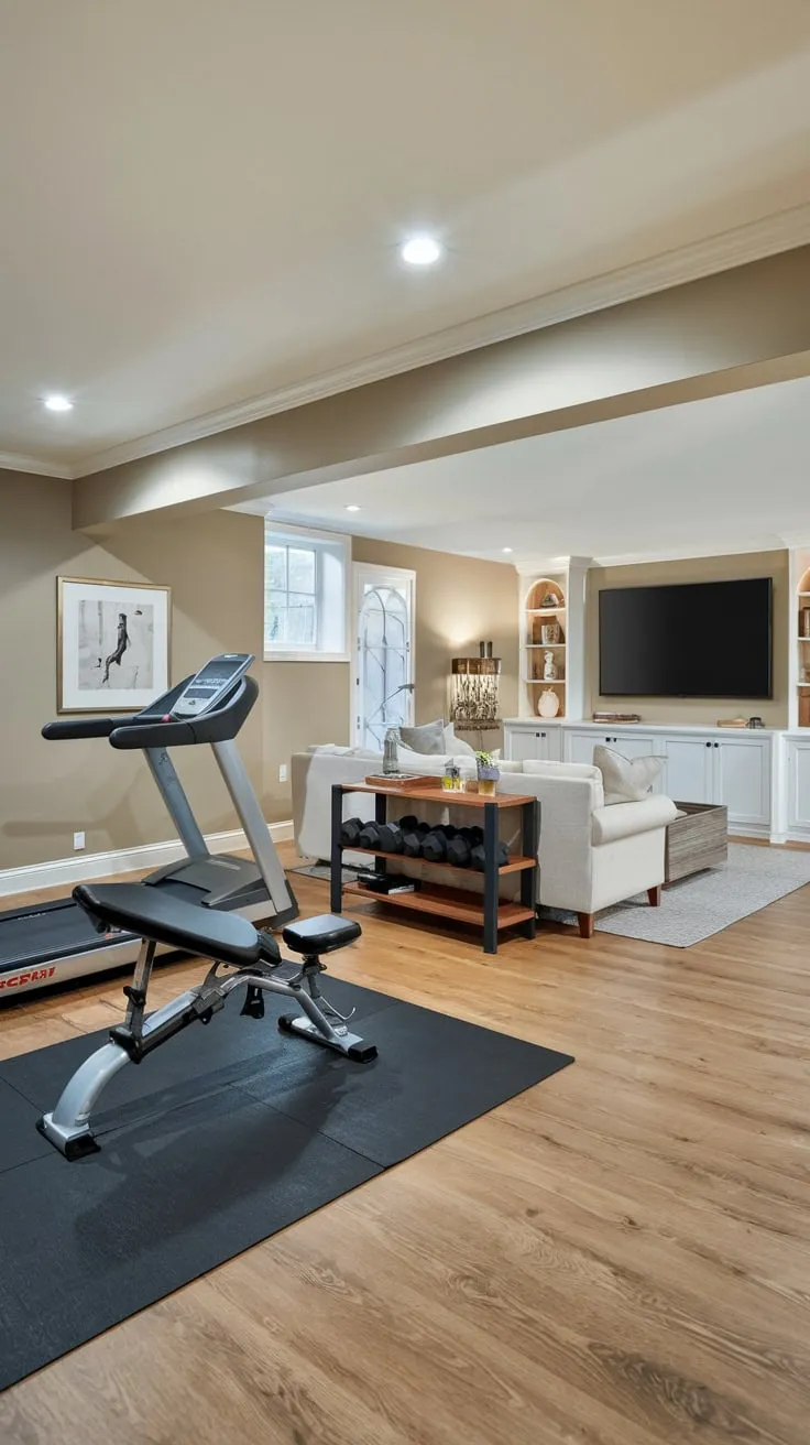 Stylish Basement Gym and Cozy Family Room Design