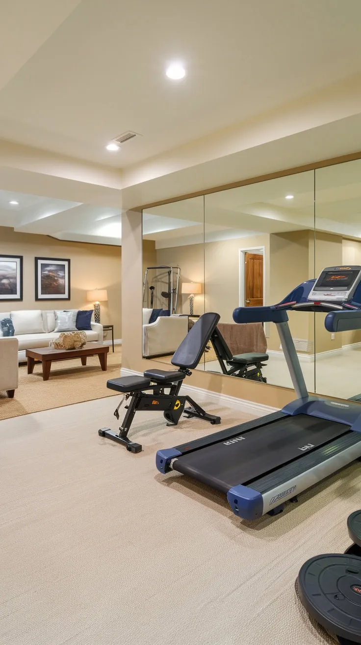 Stylish Basement Gym and Cozy Family Room Design