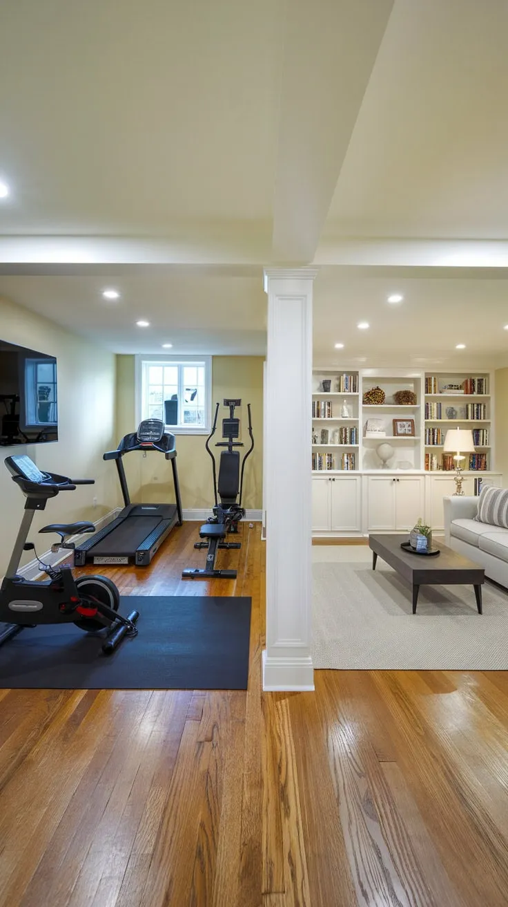 Stylish Basement Gym and Family Room Combination Design