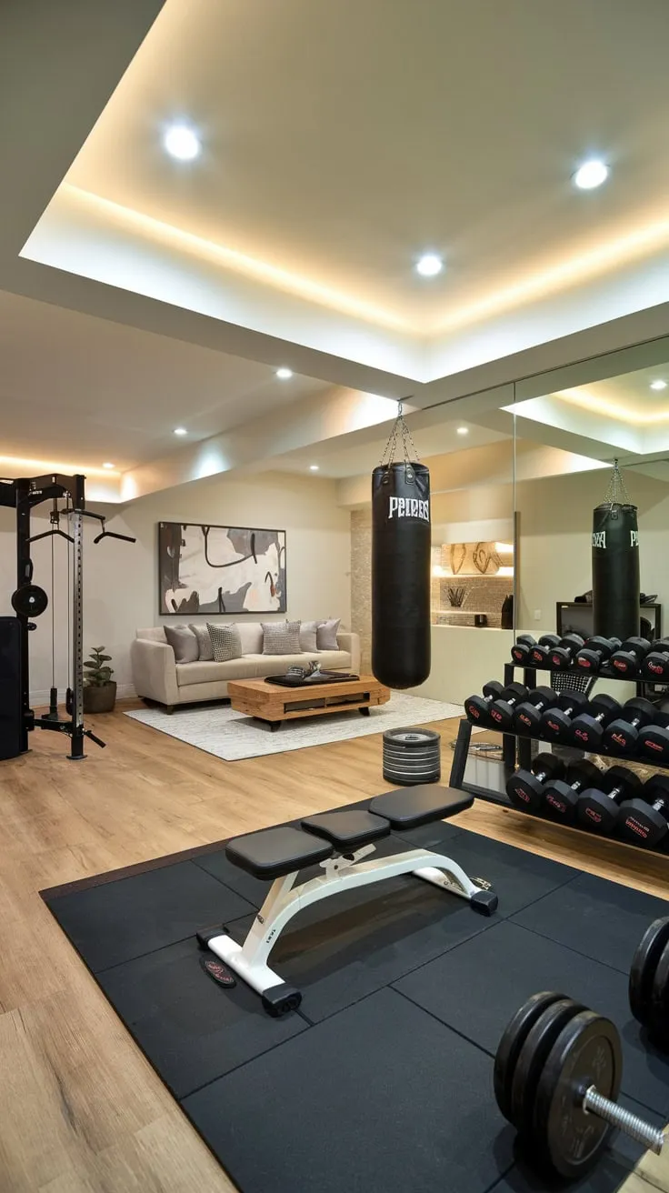 Stylish Basement Gym and Family Room Combination Design