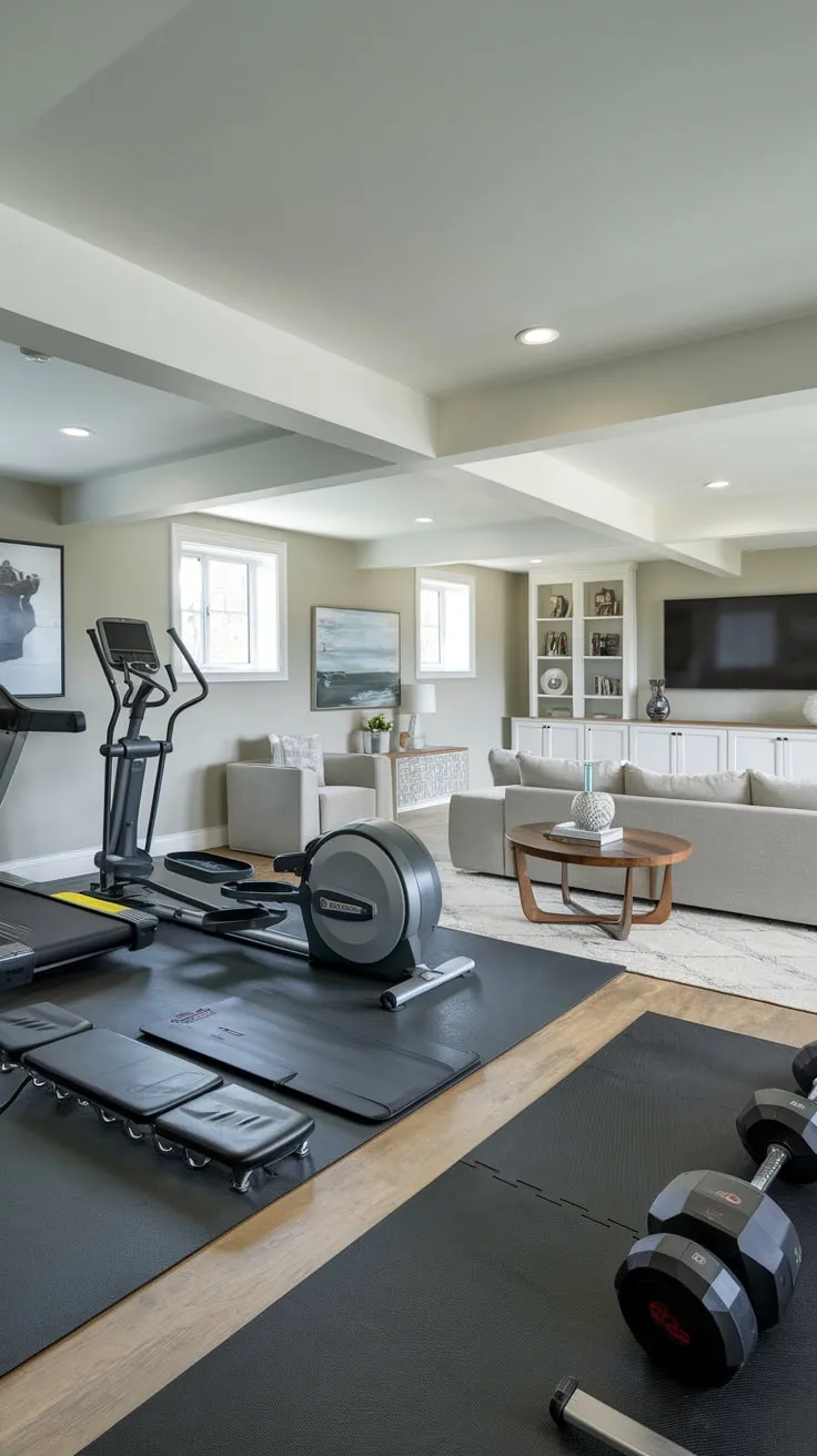 Stylish Basement Gym and Family Room Design