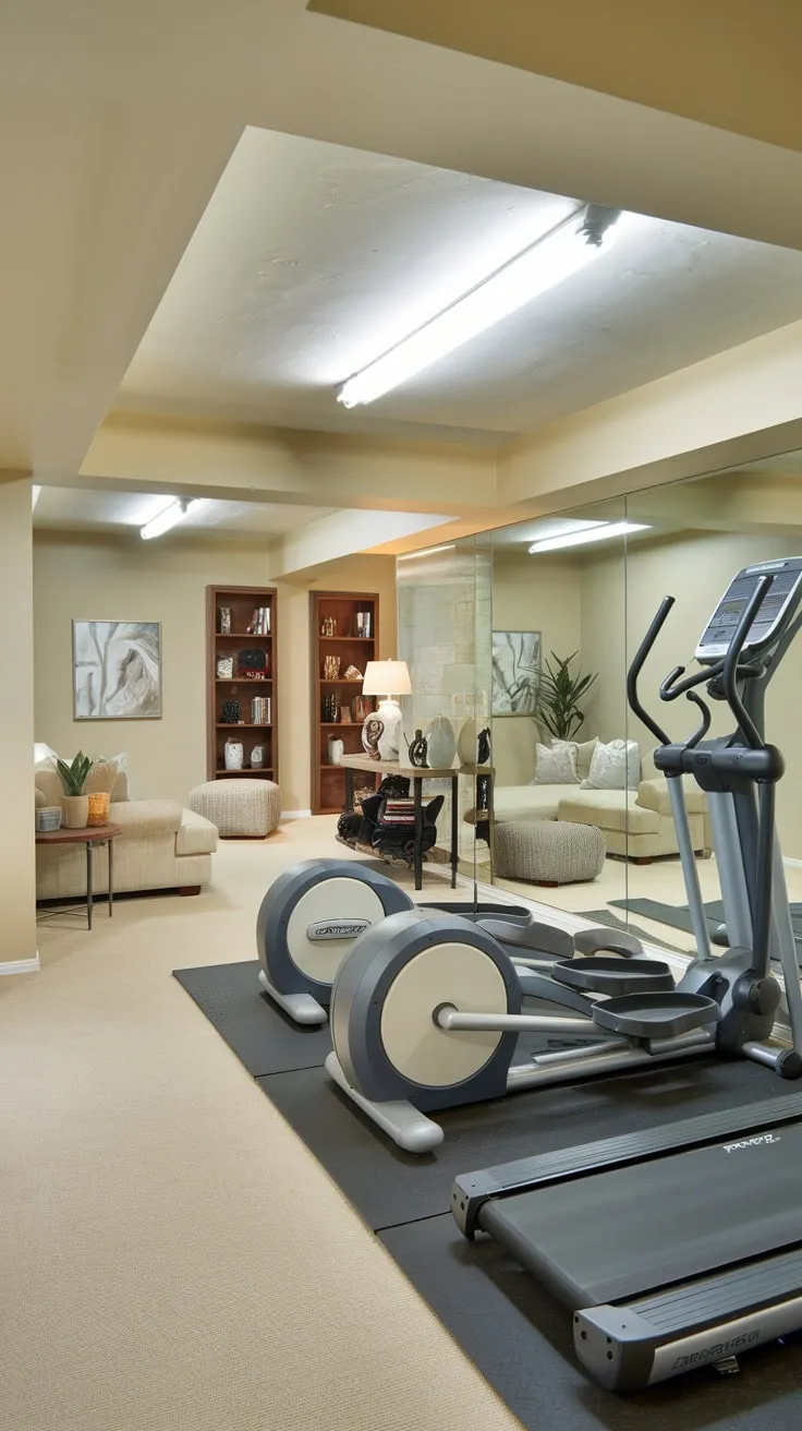 Stylish Basement Gym and Cozy Family Room Design