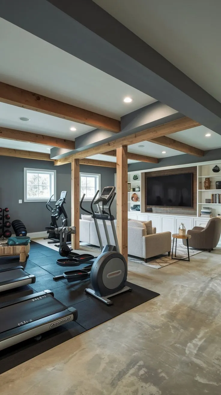 Stylish Basement Gym and Family Room Design