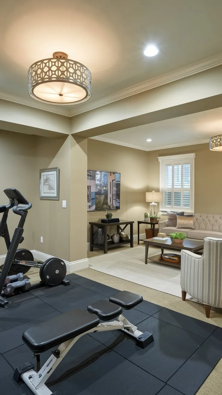 Stylish Basement Gym and Family Room Design