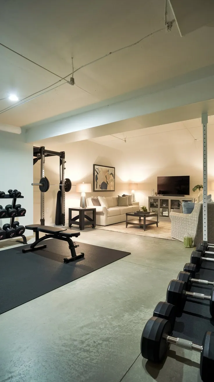 Stylish Basement Gym and Family Room Combination Design