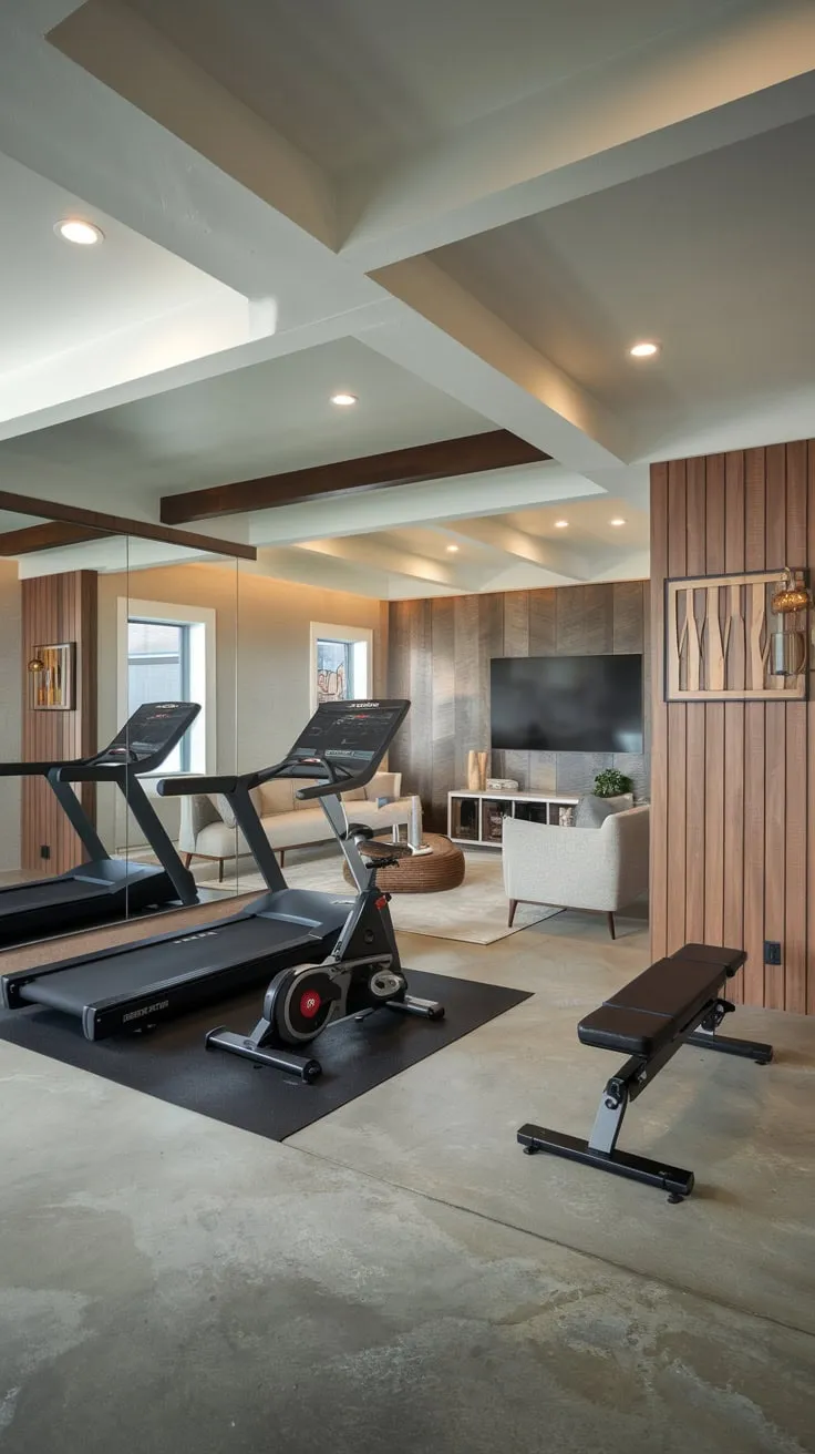 Stylish Basement Gym and Family Room Combination Design