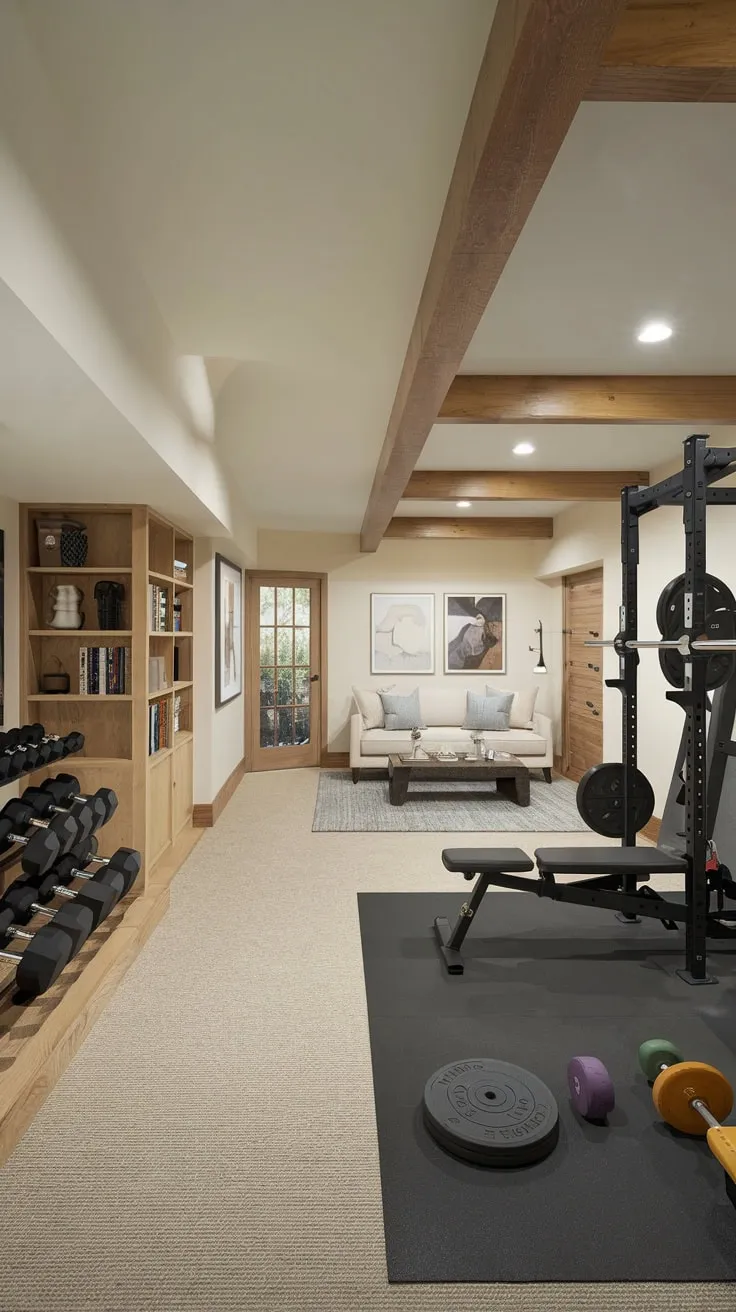 Stylish Basement Gym and Cozy Family Room Design