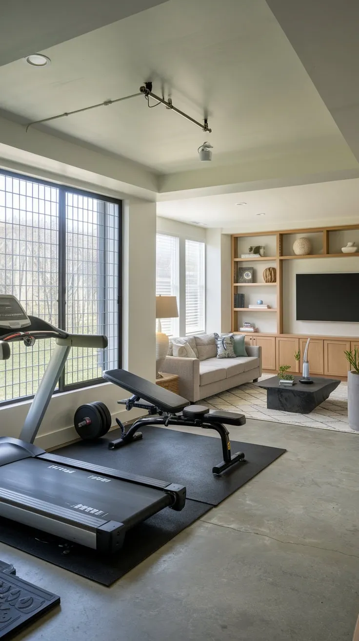 Stylish Basement Gym and Family Room Combination Design