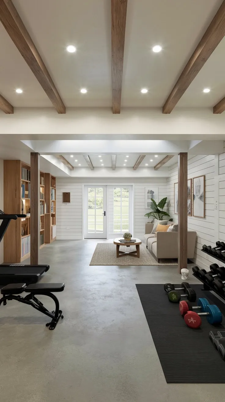 Stylish Basement Gym and Family Room Design