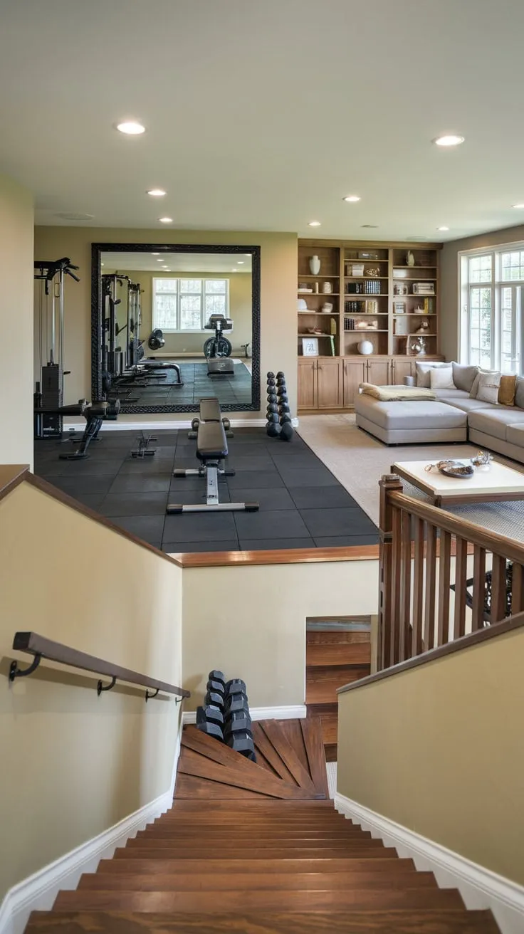 Stylish Basement Gym and Cozy Family Room Design
