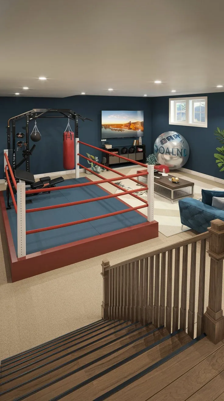 Stylish Basement Gym and Family Room Combination Design