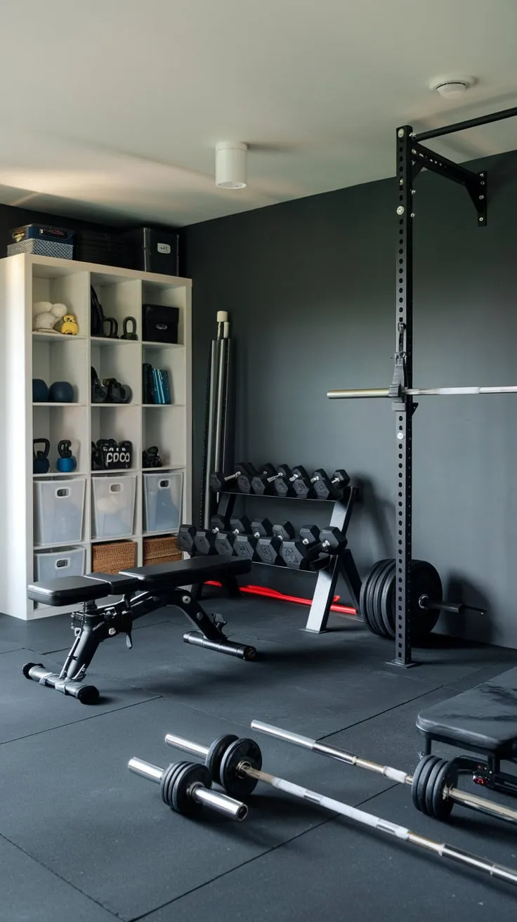 Sleek Basement Gym Featuring Diverse Equipment and Storage