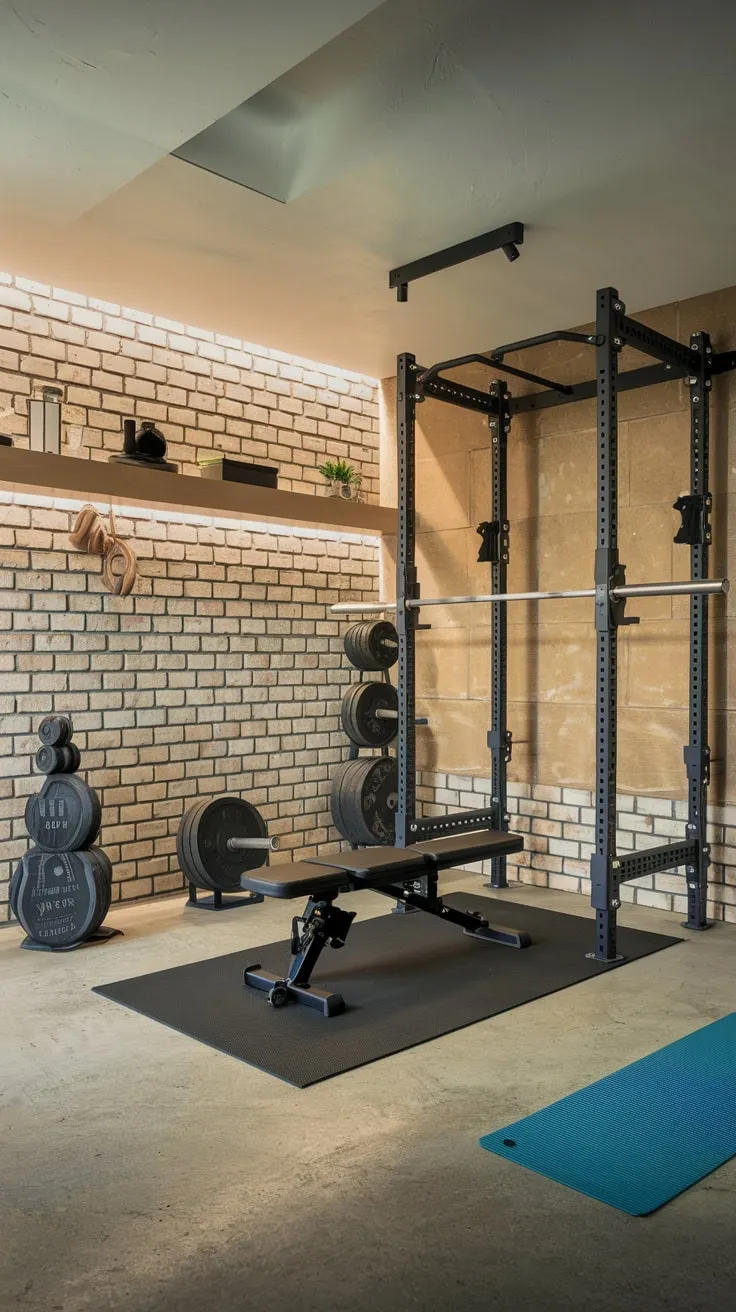 Sleek Basement Gym Featuring Squat Rack and Weights