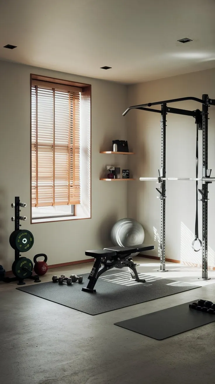Sleek Basement Gym Featuring Essential Equipment and Light
