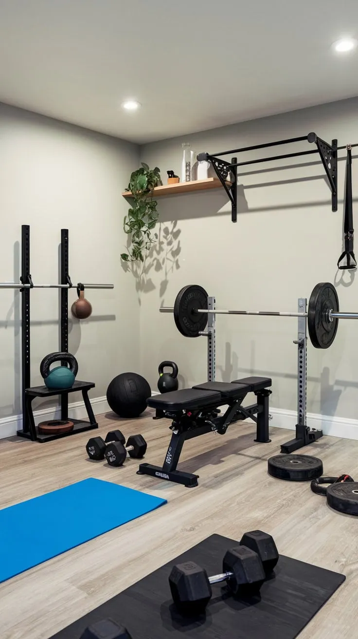 Sleek Basement Gym Featuring Diverse Workout Equipment