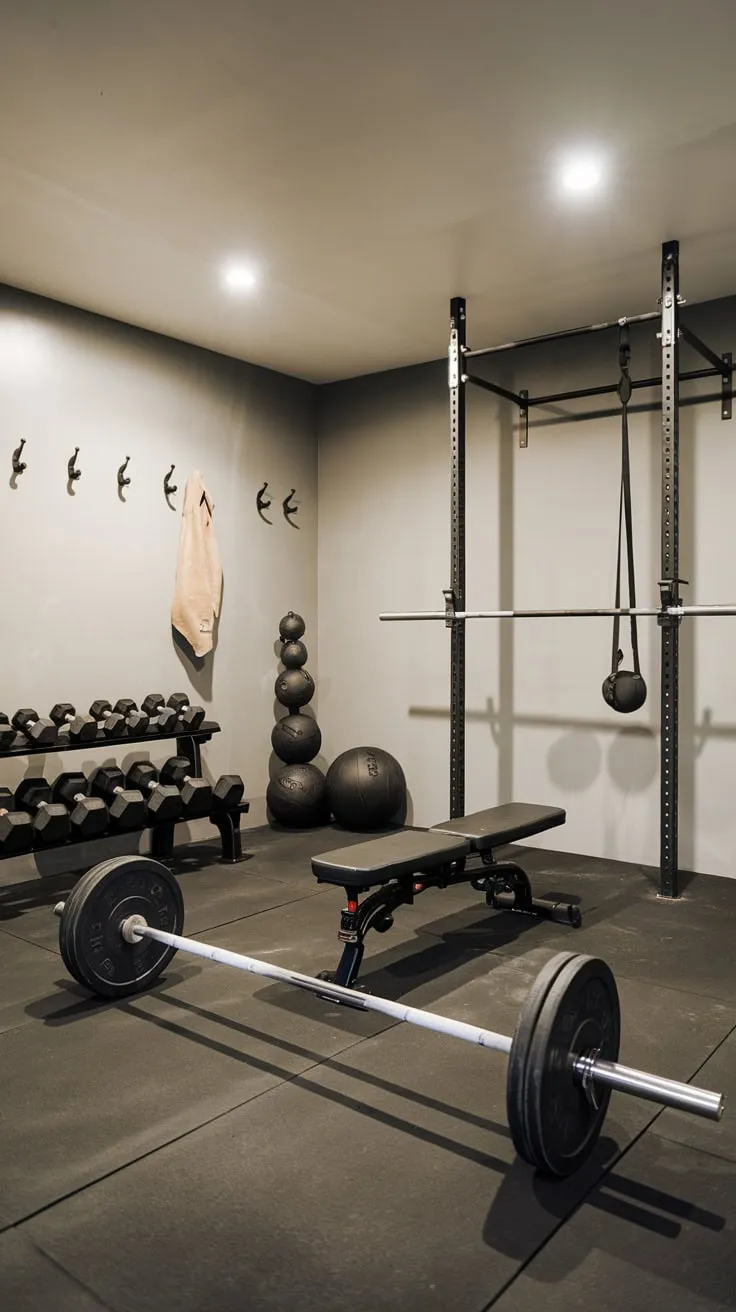 Sleek Basement Gym Featuring Essential Equipment and Bright Lighting