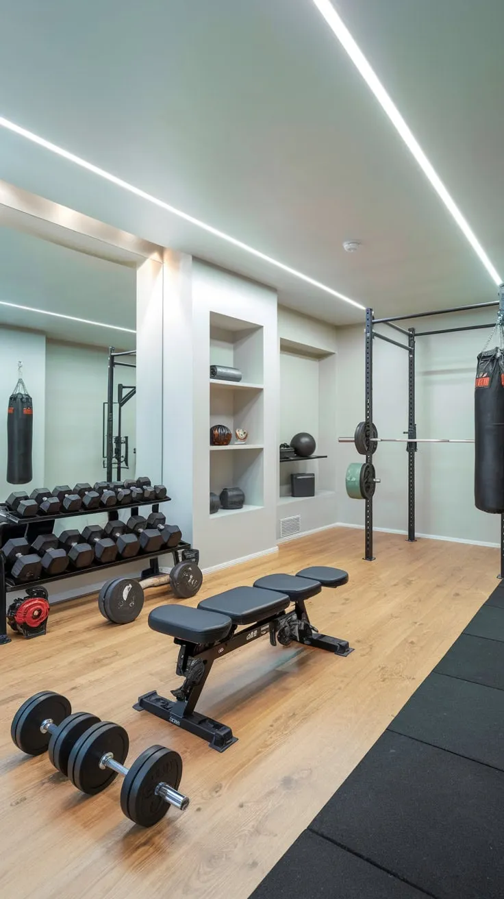 Sleek Basement Gym Design Featuring Diverse Workout Equipment
