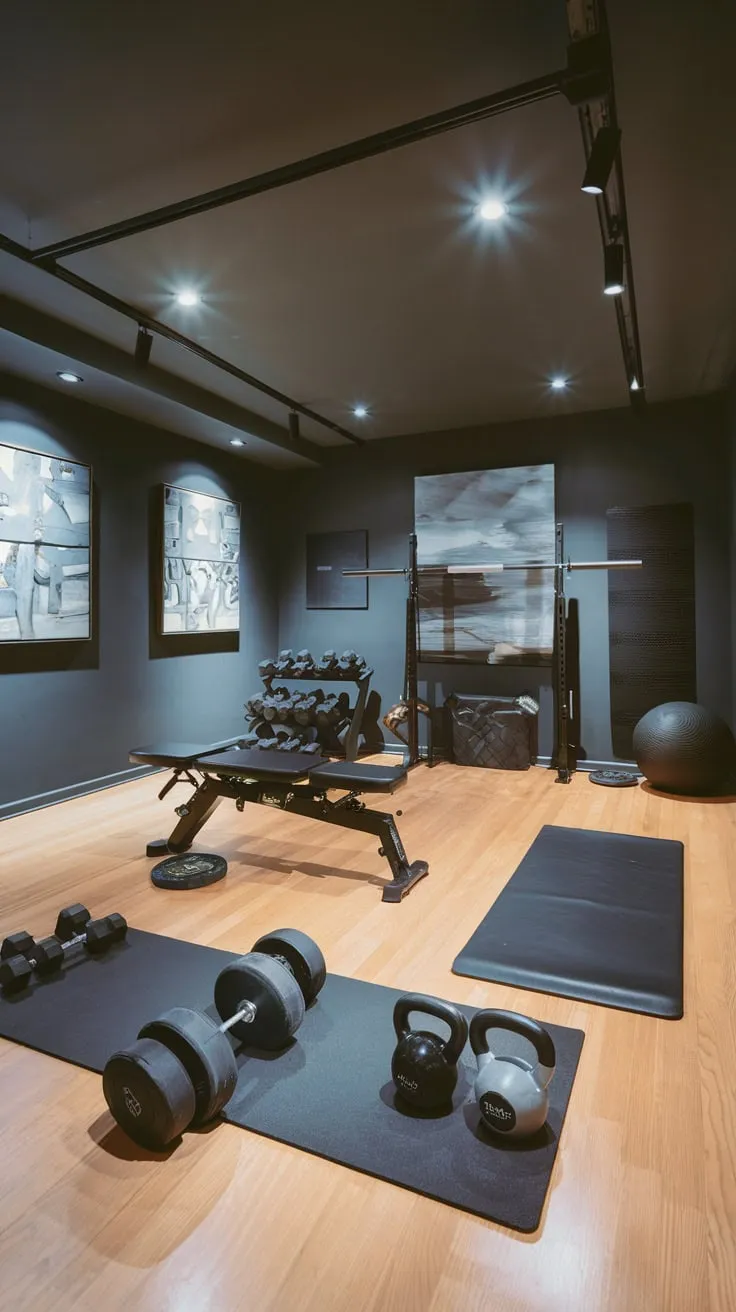 Sleek Basement Gym Featuring Diverse Equipment and Art