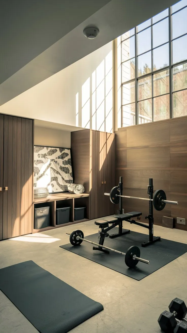 Sleek Basement Gym Featuring Weightlifting and Yoga Space