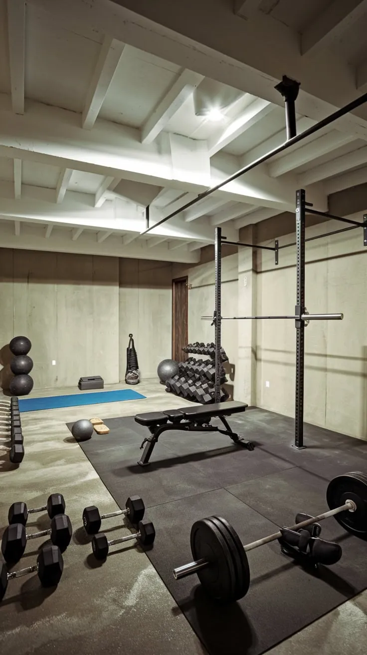 Sleek Basement Gym Design Featuring Essential Workout Equipment
