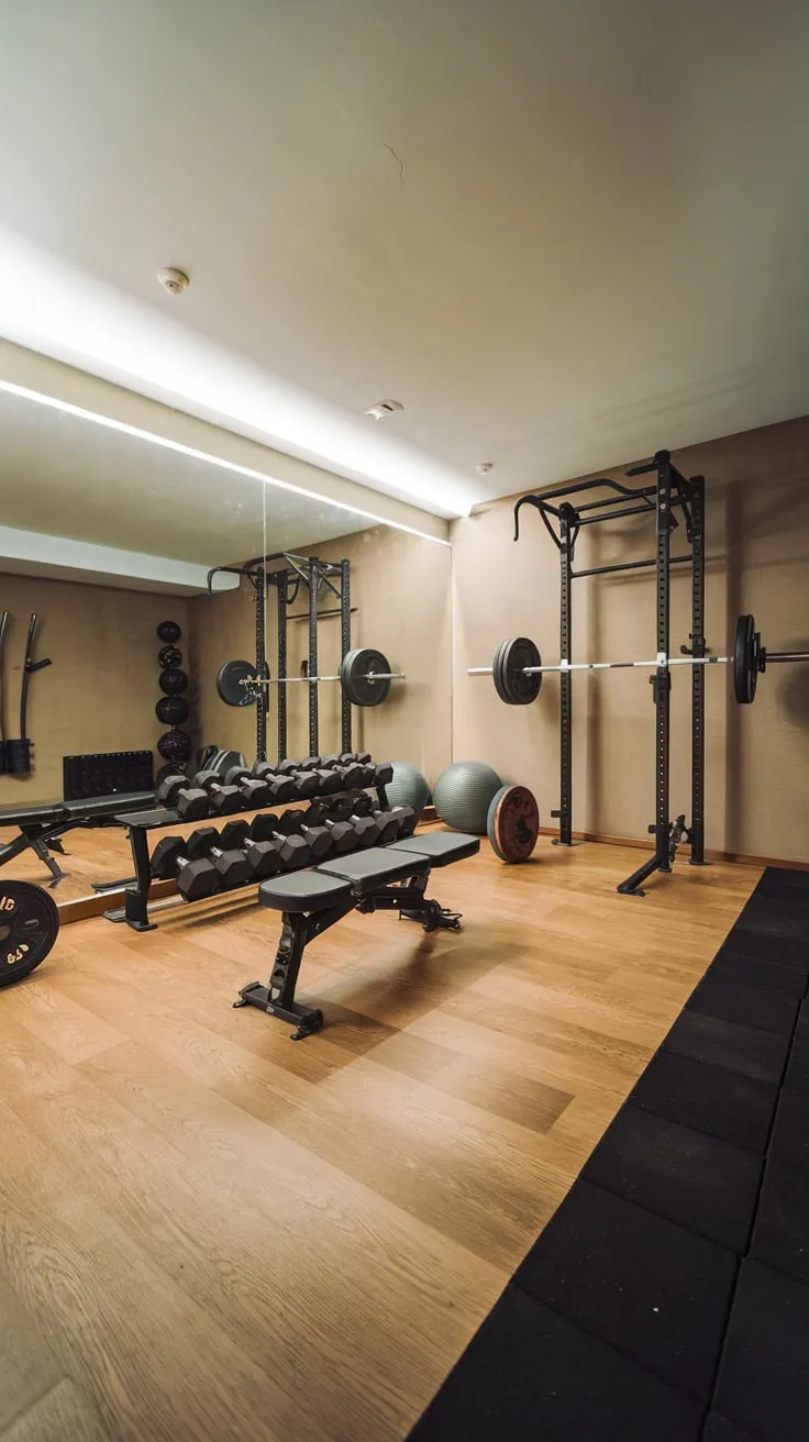 Sleek Basement Gym Featuring Diverse Equipment and Bright Lighting