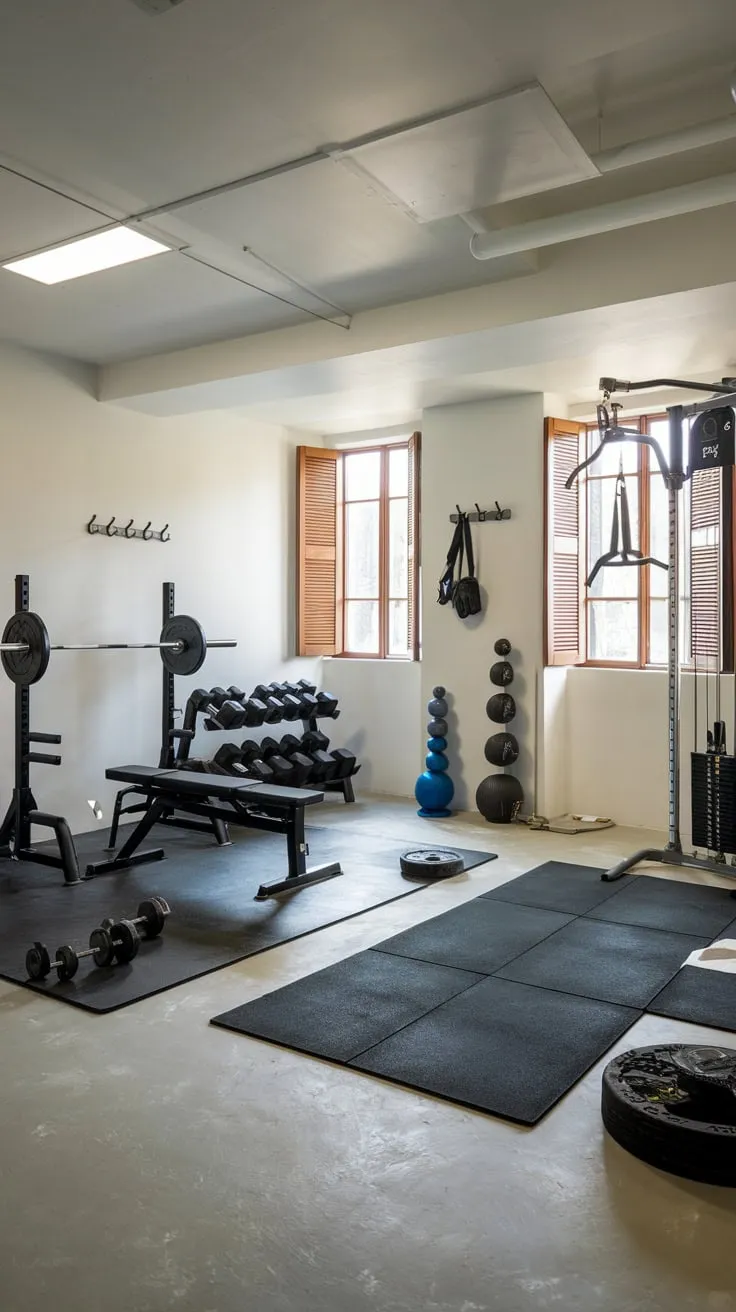 Sleek Basement Gym Featuring Diverse Equipment and Bright Lighting